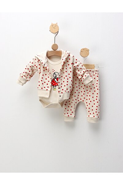 MiniKids Set 3 piese Fetita cu Inimioare, crem-rosu