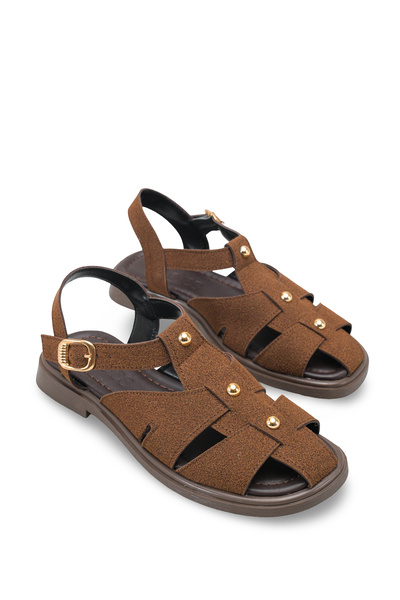 Ymn ayakkabı Moliva Women's Brown Suede Ankle Strap Closed Front Flat Sole Da...
