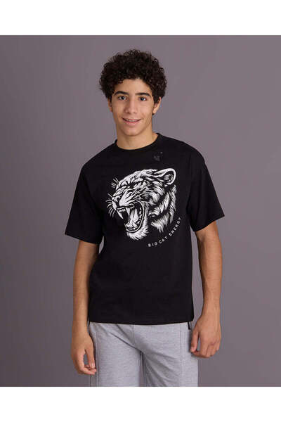 REDTAG Senior Boys Black Lion Face Print T-Shirt