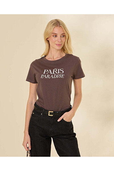 REDTAG Women Brown Paris Graphic T-Shirt