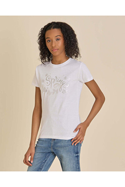 REDTAG Senior Girls White Printed Basic T-shirt