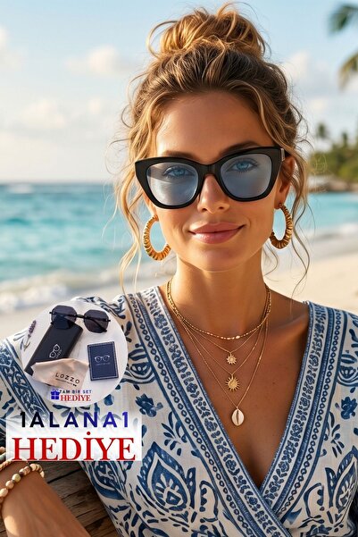 Lozzo Kadın UV400 Siyah Oversize Cat Eyes Güneş Gözlüğü 23021 C2MaViCam