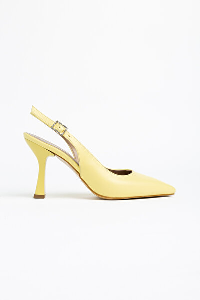 halabi moda Women's Yellow Buckle Pointed Toe Stylish Heeled Shoes