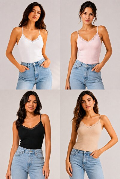 fevien 4-Pack Women's Cotton Thin Strap Lace Detailed Crew Neck Ribbed Flexib...