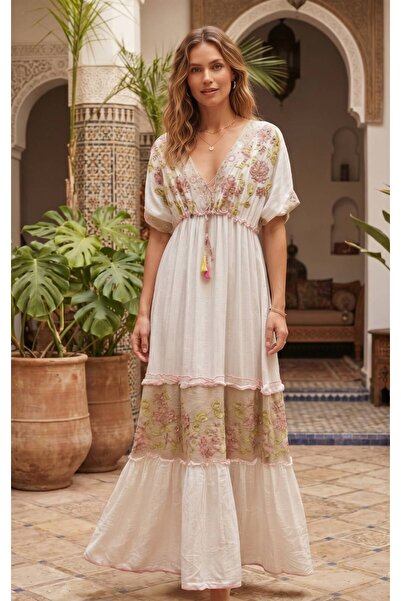 moda gk Beaded/Embroidery Detailed Shiny Patterned Bohemian Imported Dress