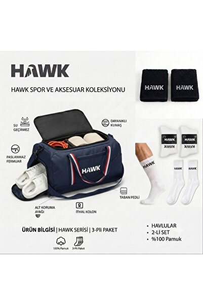HAWK Sporcu Valiz Lacivert Pamuk Gym Havlu Siyah Gri Soket Çorap Beyaz 3 Lü S...