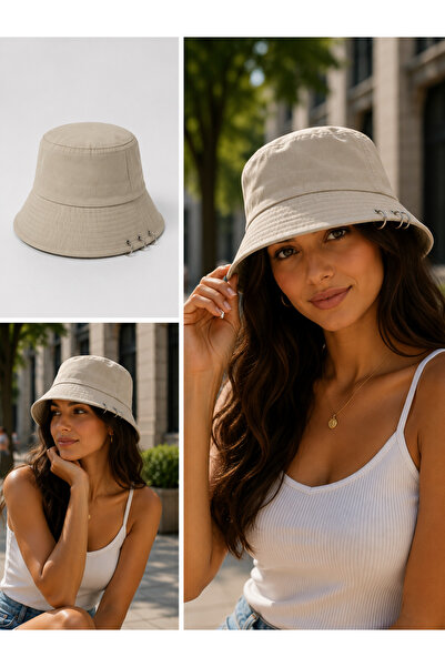 Genel Markalar Krem Metal Halka Detaylı Bucket Kova Şapka Unisex Balıkçı Şapka