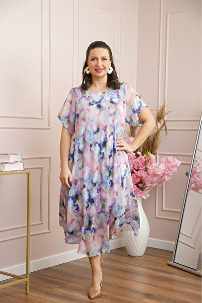 OEM Rochie Margot din voal cu baza asimetrica si imprimeu abstract mov