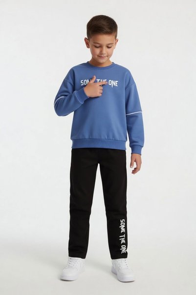 CansınMini Blue Letter Printed Badili Linen Pants Boys' Suit 24533
