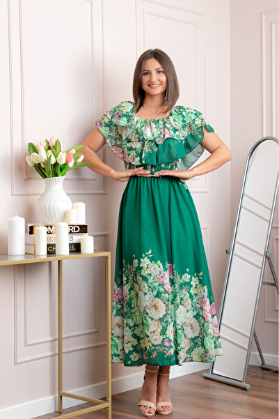 OEM Rochie eleganta lunga Ayana cu imprimeri florale si volane ample - Verde