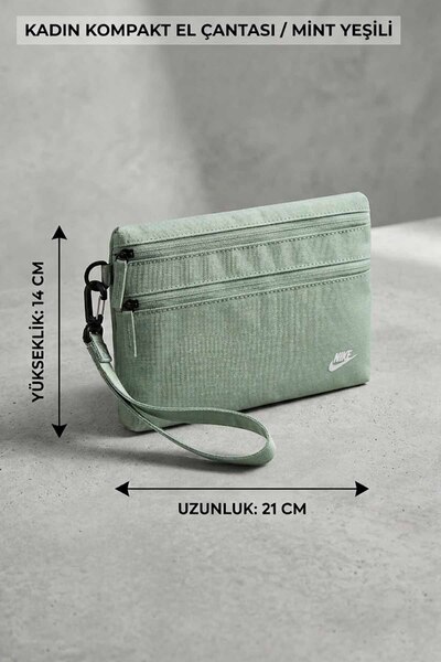 Nike Women's Mint Green Multi-Compartment Fabric Handbag with Wrist Strap 21X...