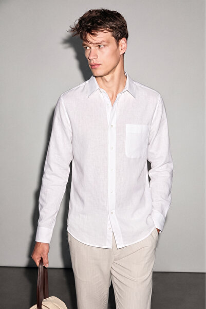GRIMELANGE Arles Men's Linen Blend Long Sleeve Single Pocket Regular Fit Whit...
