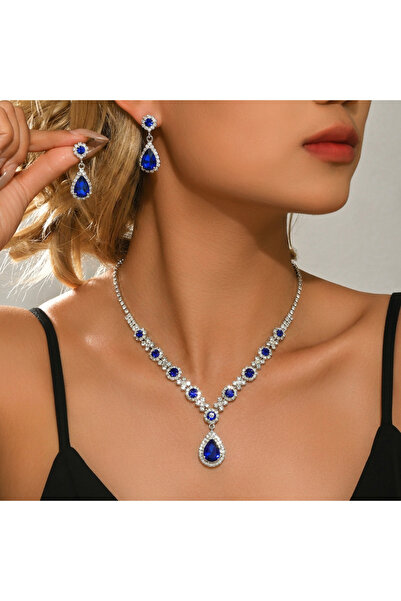 Choice3 ZT9102-blue Simple and atmospheric water droplet necklace earrings tw...