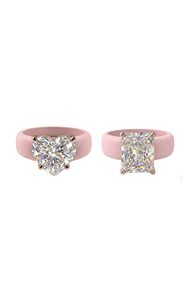 Choice17 6 Pink 2pcs New Y2K Silicone Ring for Women, Heart & Rectangle Cut C...