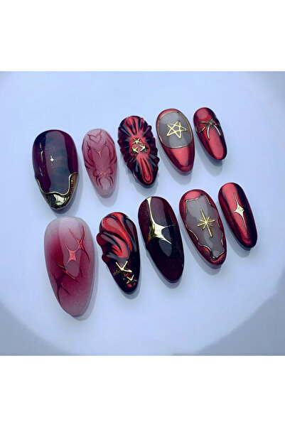 choice2 W2027 24 قطعة أظافر صناعية حمراء طويلة بشكل لوزي بتصميم فيونكة نجمية ...