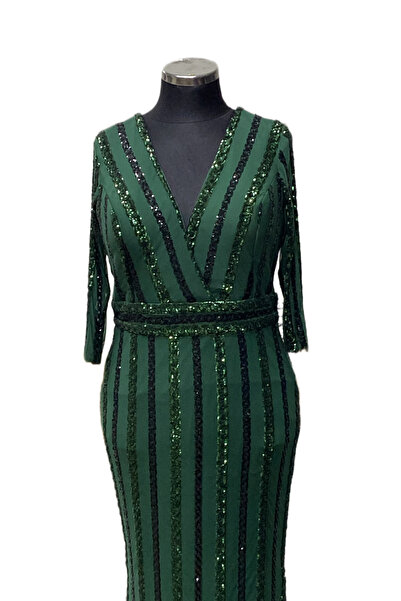 Daxe Textile Linear Sequin Embroidered V-Neck Evening Dress