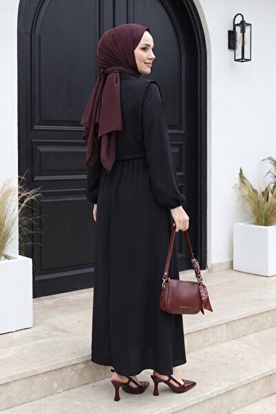 Modamorfo Shirt Collar Bolero Detailed Striped Long Dress - Black