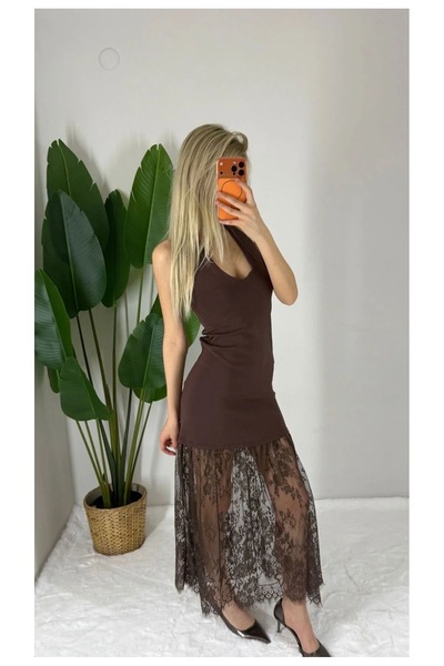 DeYeDe Women's Neck Strap Lace Dress