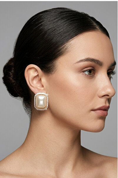 PETEK AKSESUAR Evening Dress Zircon Baguette Stone Square Pearl Earrings 4 Cm.