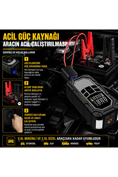 KAPVOE 4'ü 1 Arada Akü Takviye Cihazı 8000 mAh Batarya 150 PSI Lastik Şişirme Hava Kompresörü, Powerbank ve LED Acil Durum Işığı