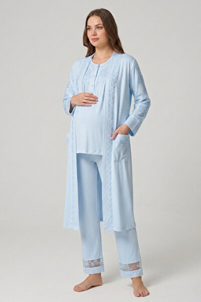 İmaj 13105 Blue Color 3-Piece Maternity Pajama Set