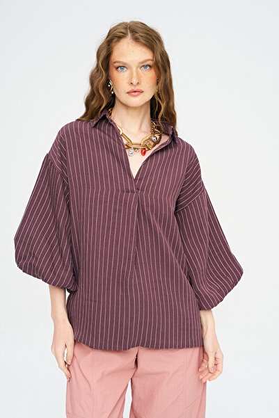 Orfeo Negro Women's V-Neck Striped Shirt-Blouse
