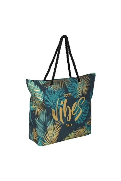 OEM Geantă verde cu imprimeu auriu Good Vibes pentru plajă 42x15x43cm