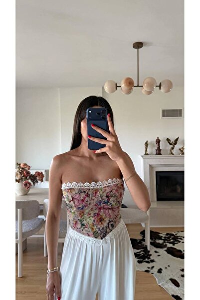 KENZA'A TRİKO Asimetrik Kesim Çiçek Desenli Sırtı Bağlamalı Büstiyer