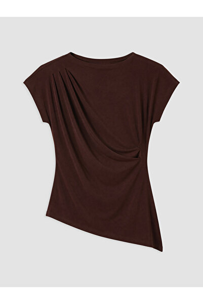 LC Waikiki Lcw Vision Burgundy Boat Neck Gathered Blouse