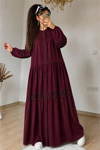 AZRA BUTİK Lavinya Patterned Guipure Dress Burgundy