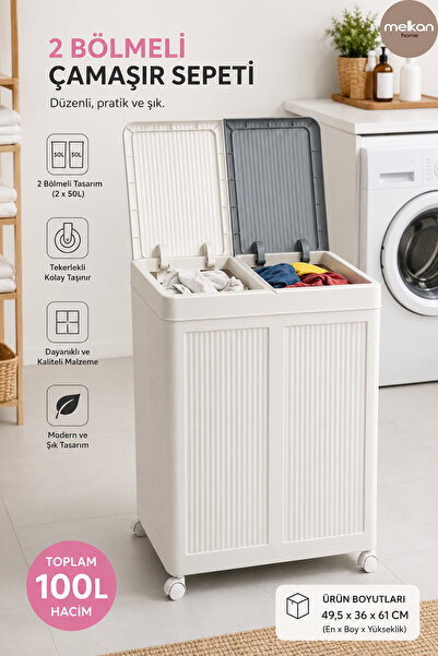 Melkan Home Coș de rufe pliabil cu roți, cu două compartimente, 100 litri – C...