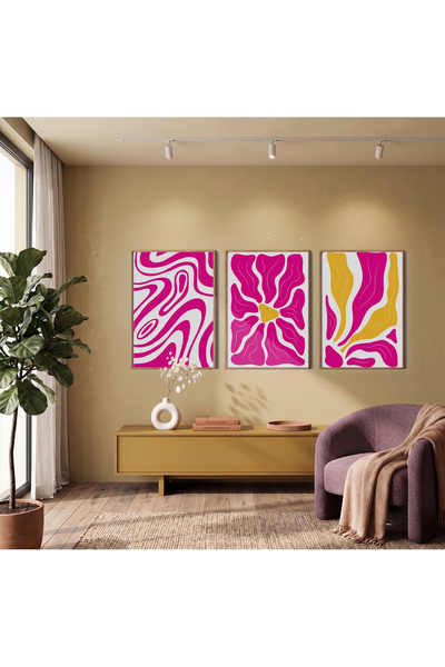 KOLAJTASARIM Set de 3 tablouri cu forme abstracte în galben fucsia vibrant, î...