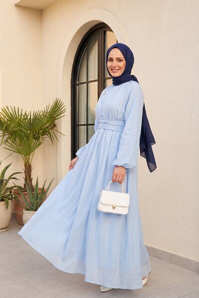 Modamorfo Beli Belted, Elastic Sleeves, Brooched, Lined, Linen Look Dress - B...