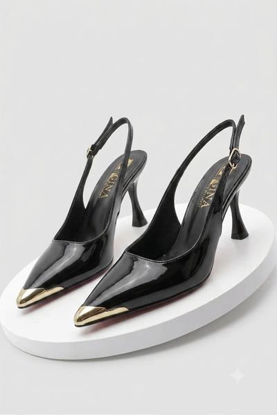 Siyah Rugan Sivri Burun Gold Detaylı Slingback Kadın Topuklu Ayakkabı