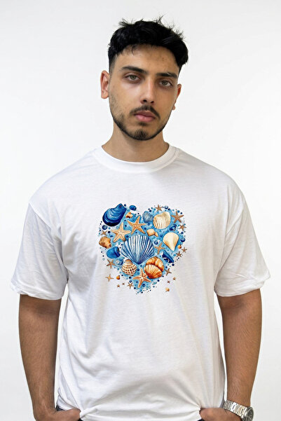 Anetos Seashell Heart Design Printed Oversize White T-Shirt