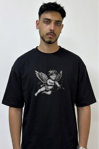 Anetos Cupid_3 Design Printed Oversize Black T-Shirt
