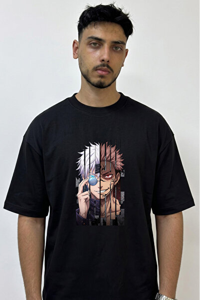 Anetos Gojo Sukuna_1 Design Printed Oversize Black T-Shirt