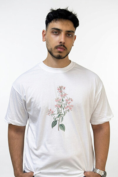 Anetos Botanical Flower Design Printed Oversize White T-Shirt