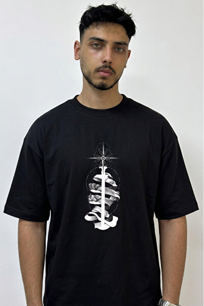 Anetos Compass Rose Ribbon Design Printed Oversize Black T-Shirt