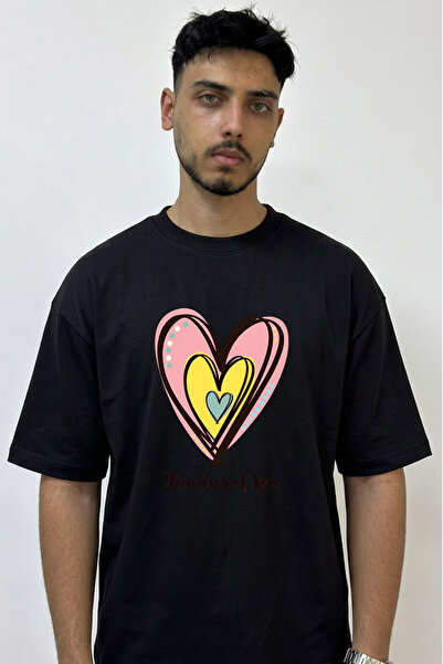 Anetos Hand Drawn Nested Hearts Design Printed Oversize Black T-Shirt