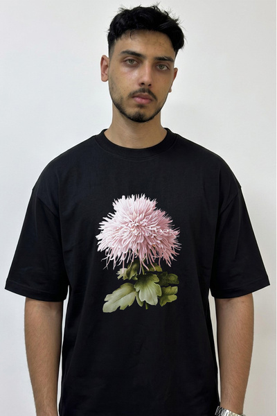Anetos Spider Chrysanthemum Design Printed Oversize Black T-Shirt