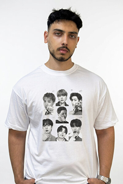 Anetos Bts Kpop Design Printed Oversize White T-Shirt