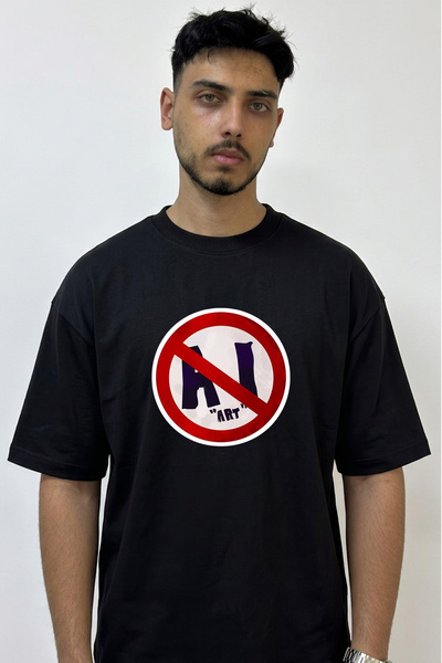 Anetos No Ai Art Design Printed Oversize Black T-Shirt
