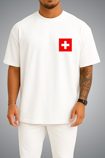 Bahriyeli Collection Oversize Swiss Flag Pocket Printed Unisex T-Shirt