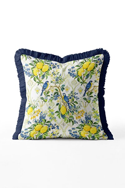 IdeCraft Vintage Bird and Lemon Pattern Floral Fringe Throw Pillow Cover - Na...