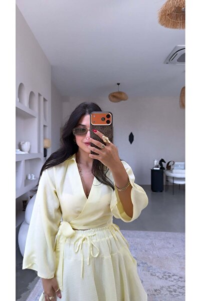 Buket Teke Yellow Silk Fabric Double Breasted Shirt Blouse