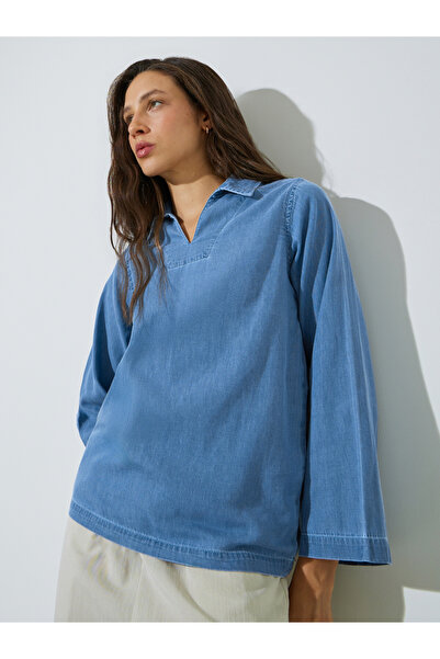 Styli Blue Open Collar Denim Top