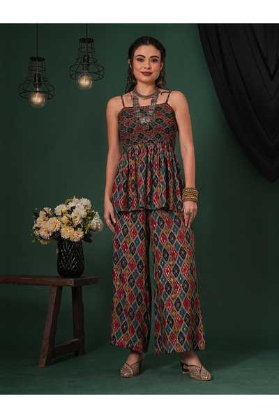 Globus By Styli Women Indie Print Strappy Peplum Top and Palazzos Fusion Co-Ords