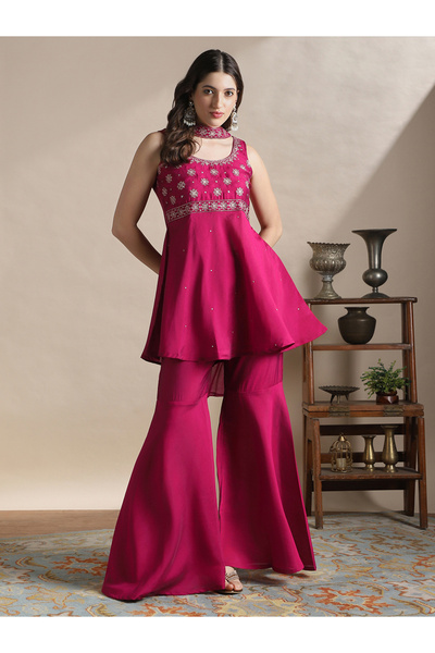Globus By Styli Women Sequin Embroidered Yoke Tunic, Sharara and Chocker Dupa...