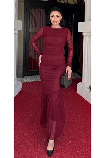 Rabona Fashion Tulle Detailed Ruched Design Long Dress